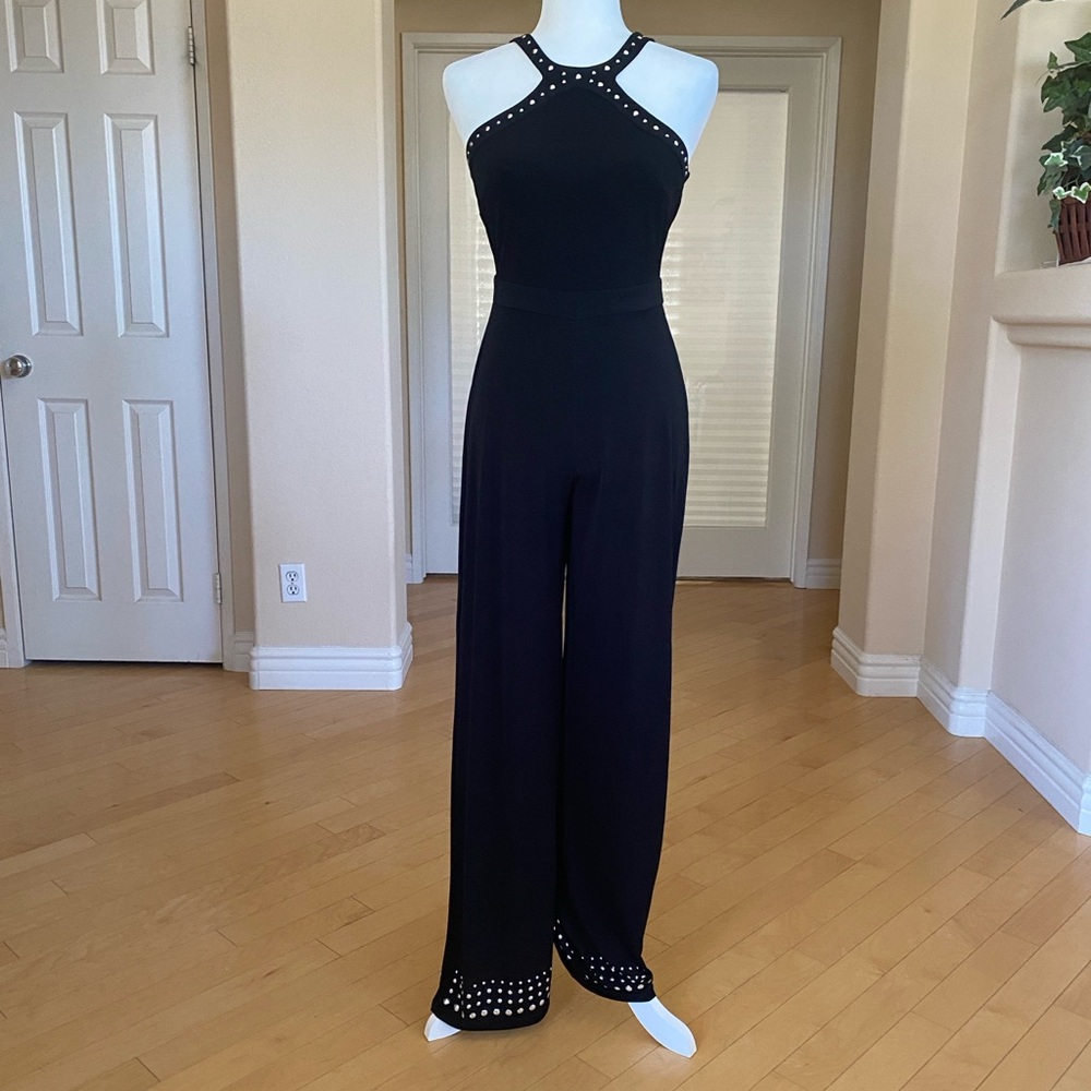 INC International Concepts Black Halter Jumpsuit with Stud Detail Bodice and Hem